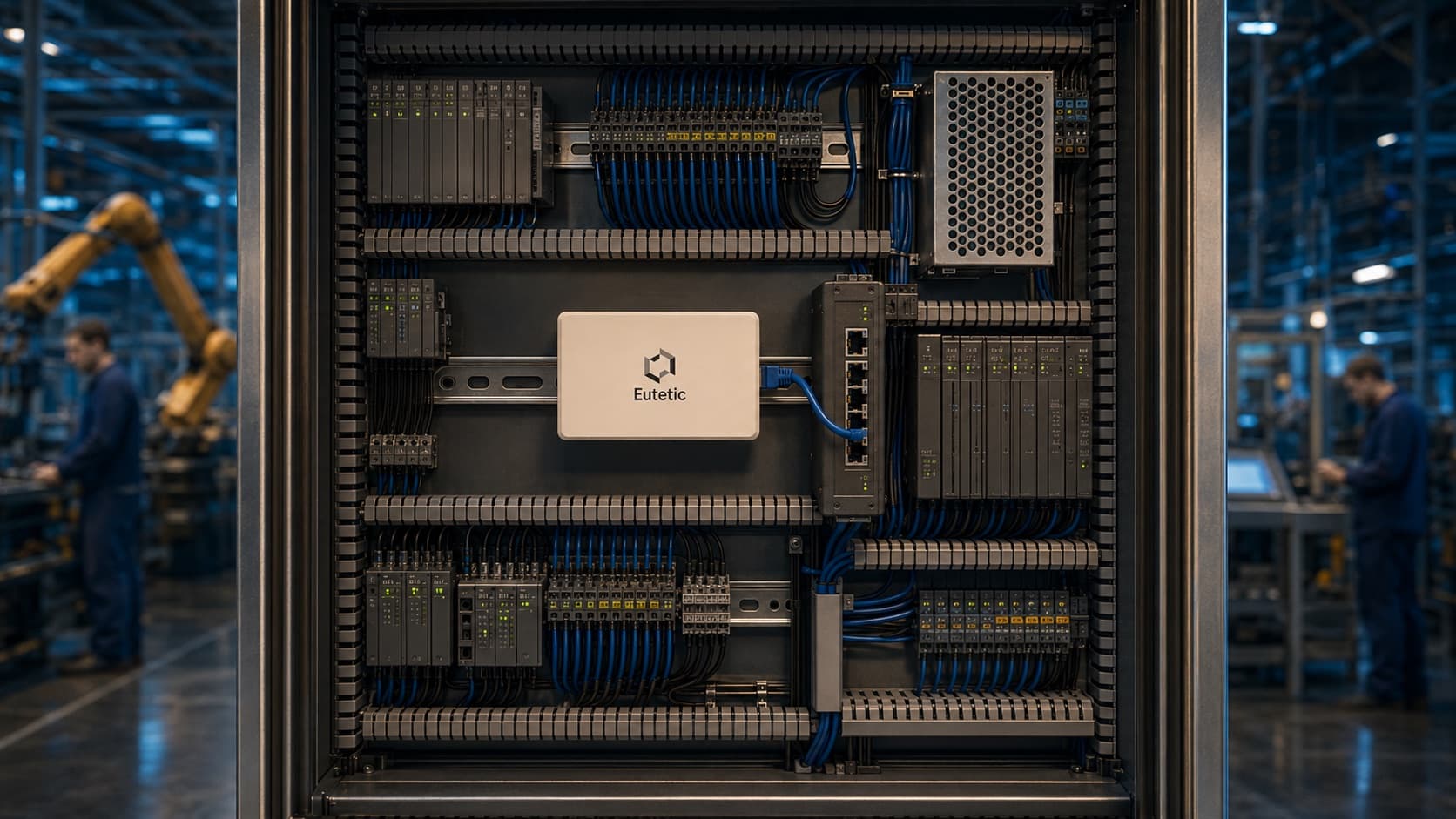 An open electrical cabinet: the Eutetic board on the DIN rail at its centre, one cable to the switch beside the PLC racks.